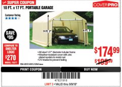 Harbor Freight Coupon COVERPRO 10 FT. X 17 FT. PORTABLE GARAGE Lot No. 62859, 63055, 62860 Expired: 9/9/18 - $174.99