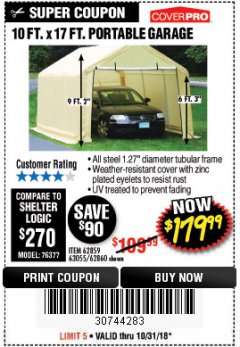 Harbor Freight Coupon COVERPRO 10 FT. X 17 FT. PORTABLE GARAGE Lot No. 62859, 63055, 62860 Expired: 10/31/18 - $179.99