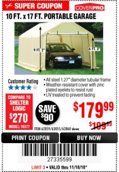 Harbor Freight Coupon COVERPRO 10 FT. X 17 FT. PORTABLE GARAGE Lot No. 62859, 63055, 62860 Expired: 11/18/18 - $179.99