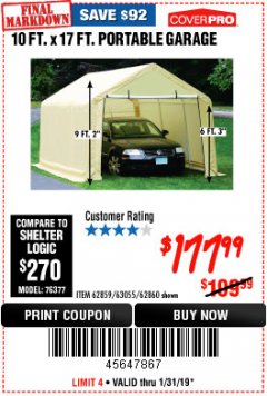 Harbor Freight Coupon COVERPRO 10 FT. X 17 FT. PORTABLE GARAGE Lot No. 62859, 63055, 62860 Expired: 1/31/19 - $177.99