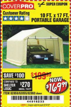 Harbor Freight Coupon COVERPRO 10 FT. X 17 FT. PORTABLE GARAGE Lot No. 62859, 63055, 62860 Expired: 6/15/19 - $169.99