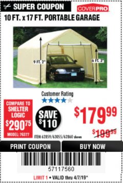 Harbor Freight Coupon COVERPRO 10 FT. X 17 FT. PORTABLE GARAGE Lot No. 62859, 63055, 62860 Expired: 4/7/19 - $179.99