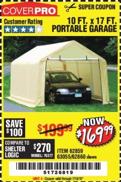 Harbor Freight Coupon COVERPRO 10 FT. X 17 FT. PORTABLE GARAGE Lot No. 62859, 63055, 62860 Expired: 7/19/19 - $169.99