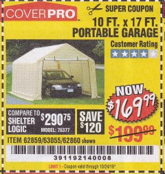 Harbor Freight Coupon COVERPRO 10 FT. X 17 FT. PORTABLE GARAGE Lot No. 62859, 63055, 62860 Expired: 7/27/19 - $169.99
