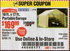 Harbor Freight Coupon COVERPRO 10 FT. X 17 FT. PORTABLE GARAGE Lot No. 62859, 63055, 62860 Expired: 8/27/20 - $169.99