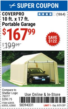Harbor Freight Coupon COVERPRO 10 FT. X 17 FT. PORTABLE GARAGE Lot No. 62859, 63055, 62860 Expired: 8/31/20 - $167.99