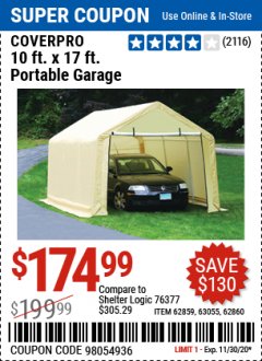 Harbor Freight Coupon COVERPRO 10 FT. X 17 FT. PORTABLE GARAGE Lot No. 62859, 63055, 62860 Expired: 11/30/20 - $174.99