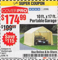 Harbor Freight Coupon COVERPRO 10 FT. X 17 FT. PORTABLE GARAGE Lot No. 62859, 63055, 62860 Expired: 3/2/21 - $174.99