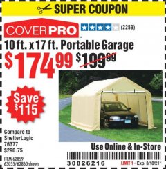 Harbor Freight Coupon COVERPRO 10 FT. X 17 FT. PORTABLE GARAGE Lot No. 62859, 63055, 62860 Expired: 3/18/21 - $174.99