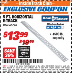 Harbor Freight ITC Coupon 5 FT HORIZONTAL E-TRACK Lot No. 66726 Expired: 3/31/19 - $13.99