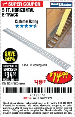 Harbor Freight Coupon 5 FT HORIZONTAL E-TRACK Lot No. 66726 Expired: 2/29/20 - $14.99