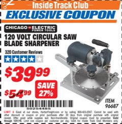 Harbor Freight ITC Coupon 120 VOLT CIRCULAR SAW BLADE SHARPENER Lot No. 96687 Expired: 1/31/19 - $39.99