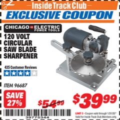 Harbor Freight ITC Coupon 120 VOLT CIRCULAR SAW BLADE SHARPENER Lot No. 96687 Expired: 1/31/20 - $39.99