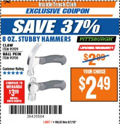Harbor Freight ITC Coupon PITTSBURGH 8 OZ. STUBBY HAMMER Lot No. 95929/95930 Expired: 8/7/18 - $2.49