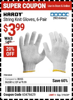 Harbor Freight Coupon HARDY STRING KNIT GLOVES, 6-PAIR Lot No. 60640 Expired: 7/19/26 - $3.99