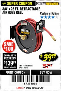 Harbor Freight Coupon HEAVY DUTY RETRACTABLE AIR HOSE REEL WITH 3/8" x 25 FT. HOSE Lot No. 69234/46104/69266 Expired: 3/31/19 - $39.99