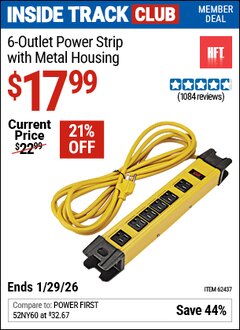 Harbor Freight ITC Coupon HFT 6-OUTLET POWER STRIP WITH METAL HOUSING, YELLOW Lot No. 62437 Valid Thru: 1/29/26 - $17.99