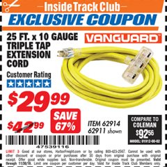 Harbor Freight ITC Coupon 25 FT X 10 GAUGE TRIPLE TAP EXTENSION CORD Lot No. 62914/61993/62911 Expired: 11/30/18 - $29.99