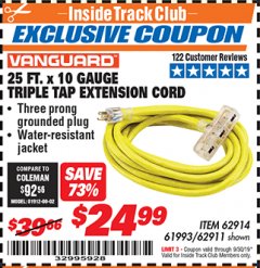 Harbor Freight ITC Coupon 25 FT X 10 GAUGE TRIPLE TAP EXTENSION CORD Lot No. 62914/61993/62911 Expired: 9/30/19 - $24.99