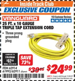 Harbor Freight ITC Coupon 25 FT X 10 GAUGE TRIPLE TAP EXTENSION CORD Lot No. 62914/61993/62911 Expired: 11/30/19 - $24.99
