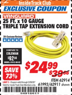Harbor Freight ITC Coupon 25 FT X 10 GAUGE TRIPLE TAP EXTENSION CORD Lot No. 62914/61993/62911 Expired: 2/29/20 - $24.99