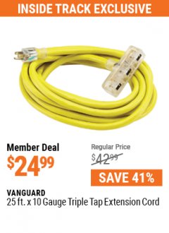 Harbor Freight Coupon 25 FT X 10 GAUGE TRIPLE TAP EXTENSION CORD Lot No. 62914/61993/62911 Expired: 7/1/21 - $24.99