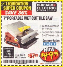 Harbor Freight Coupon 7" PORTABLE WET CUT TILE SAW Lot No. 40315/69231 Expired: 6/30/18 - $49.99