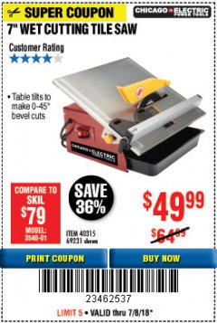 Harbor Freight Coupon 7" PORTABLE WET CUT TILE SAW Lot No. 40315/69231 Expired: 7/8/18 - $49.99