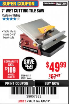 Harbor Freight Coupon 7" PORTABLE WET CUT TILE SAW Lot No. 40315/69231 Expired: 4/15/19 - $49.99