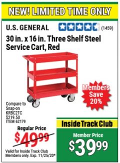 Harbor Freight ITC Coupon 16 x 30 THREE SHELF STEEL SERVICE CART Lot No. 6650/62179/61165 Expired: 11/25/20 - $39.99