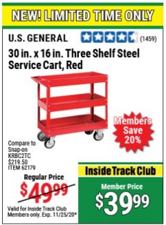 Harbor Freight ITC Coupon U.S. GENERAL 30 IN. X 16 IN. THREE SHELF STEEL SERVICE CART, RED Lot No. 62179/6650/61165 Expired: 11/25/20 - $39.99