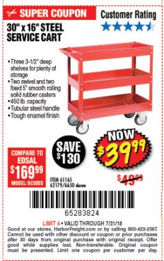 Harbor Freight Coupon 16 x 30 THREE SHELF STEEL SERVICE CART Lot No. 6650/62179/61165 Expired: 7/31/18 - $39.99