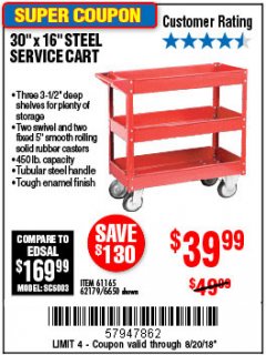 Harbor Freight Coupon 16 x 30 THREE SHELF STEEL SERVICE CART Lot No. 6650/62179/61165 Expired: 8/20/18 - $39.99