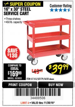 Harbor Freight Coupon U.S. GENERAL 30 IN. X 16 IN. THREE SHELF STEEL SERVICE CART, RED Lot No. 62179/6650/61165 Expired: 11/30/18 - $39.99