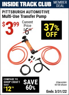 Harbor Freight ITC Coupon MULTI-USE TRANSFER PUMP Lot No. 63144/63591/61364/62961/66418 Expired: 3/31/22 - $3.99