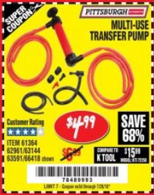 Harbor Freight Coupon MULTI-USE TRANSFER PUMP Lot No. 63144/63591/61364/62961/66418 Expired: 7/26/18 - $4.99