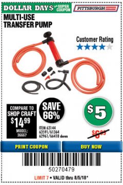Harbor Freight Coupon MULTI-USE TRANSFER PUMP Lot No. 63144/63591/61364/62961/66418 Expired: 8/5/18 - $5
