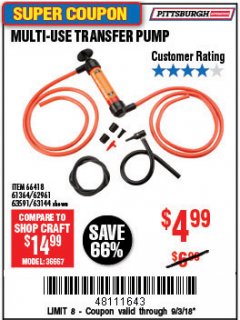 Harbor Freight Coupon MULTI-USE TRANSFER PUMP Lot No. 63144/63591/61364/62961/66418 Expired: 9/3/18 - $4.99