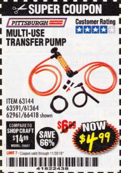 Harbor Freight Coupon MULTI-USE TRANSFER PUMP Lot No. 63144/63591/61364/62961/66418 Expired: 11/30/18 - $4.99