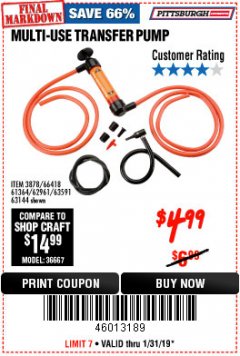 Harbor Freight Coupon MULTI-USE TRANSFER PUMP Lot No. 63144/63591/61364/62961/66418 Expired: 1/31/19 - $4.99