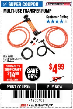 Harbor Freight Coupon MULTI-USE TRANSFER PUMP Lot No. 63144/63591/61364/62961/66418 Expired: 2/10/19 - $4.99