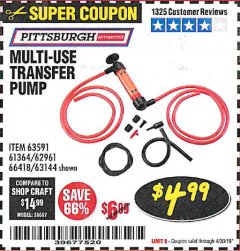 Harbor Freight Coupon MULTI-USE TRANSFER PUMP Lot No. 63144/63591/61364/62961/66418 Expired: 4/30/19 - $4.99