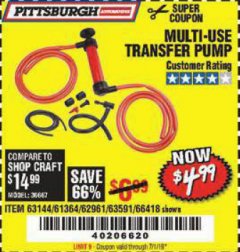Harbor Freight Coupon MULTI-USE TRANSFER PUMP Lot No. 63144/63591/61364/62961/66418 Expired: 7/1/19 - $4.99