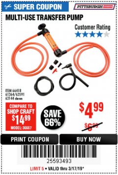 Harbor Freight Coupon MULTI-USE TRANSFER PUMP Lot No. 63144/63591/61364/62961/66418 Expired: 3/17/19 - $4.99