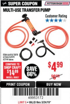 Harbor Freight Coupon MULTI-USE TRANSFER PUMP Lot No. 63144/63591/61364/62961/66418 Expired: 3/24/19 - $4.99