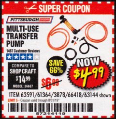 Harbor Freight Coupon MULTI-USE TRANSFER PUMP Lot No. 63144/63591/61364/62961/66418 Expired: 8/31/19 - $4.99