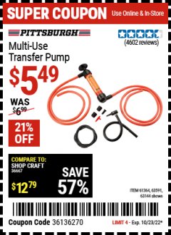 Harbor Freight Coupon MULTI-USE TRANSFER PUMP Lot No. 63144/63591/61364/62961/66418 Expired: 10/23/22 - $5.49