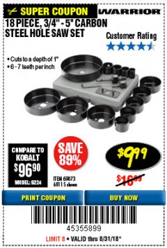 Harbor Freight Coupon 18 PC 3/4"-5" CARBON STEEL HOLE SAW SET Lot No. 69073/68115 Expired: 7/27/18 - $9.99