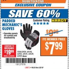 Harbor Freight ITC Coupon PADDED MECHANICS GLOVES Lot No. 62424/62423/62425 Expired: 5/8/18 - $7.99