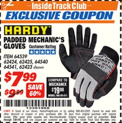 Harbor Freight ITC Coupon PADDED MECHANICS GLOVES Lot No. 62424/62423/62425 Expired: 7/22/18 - $7.99